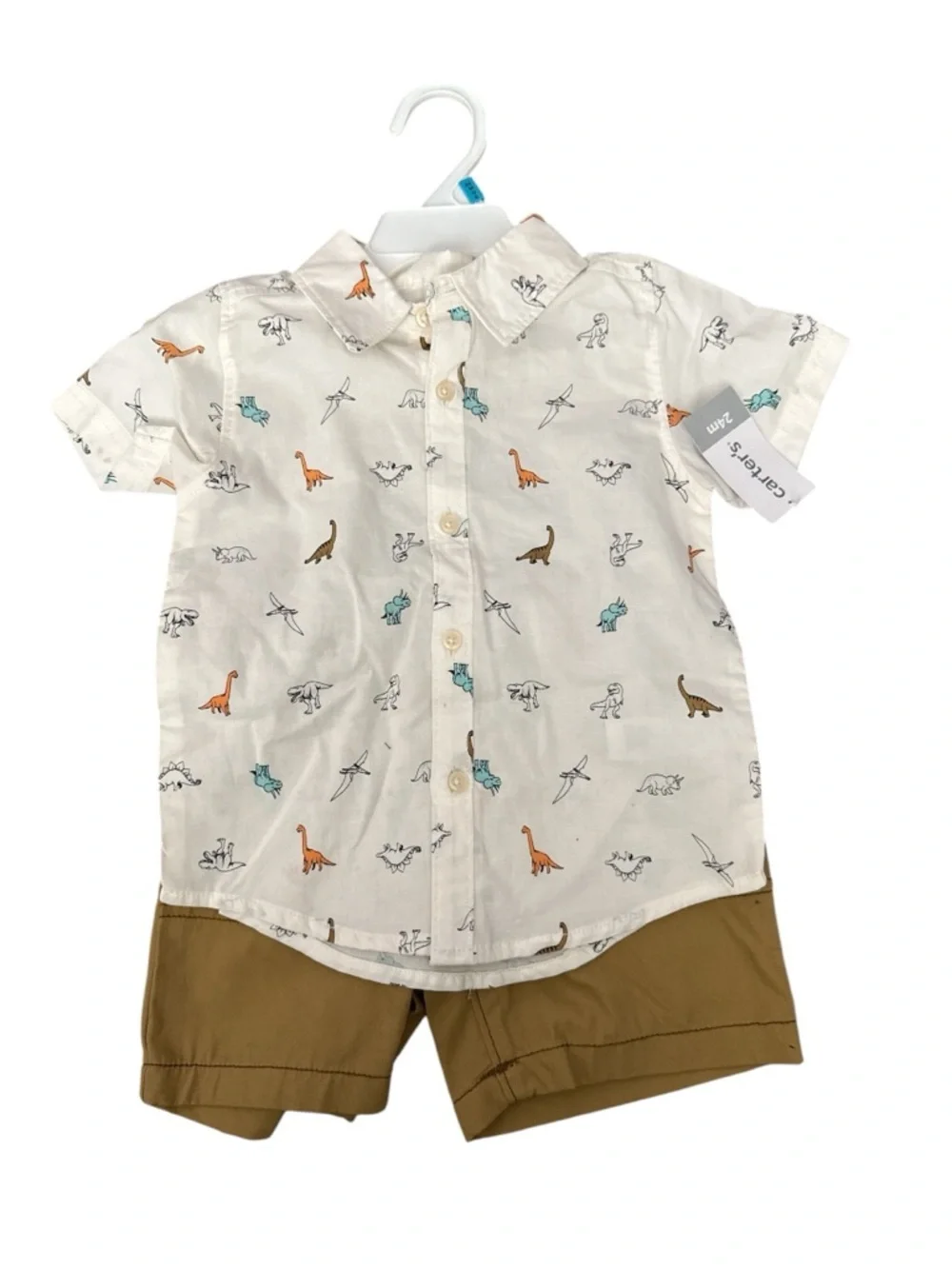 Carter's White Dino Print Button-Down Shirt with Tan Shorts Nwt  24 Months